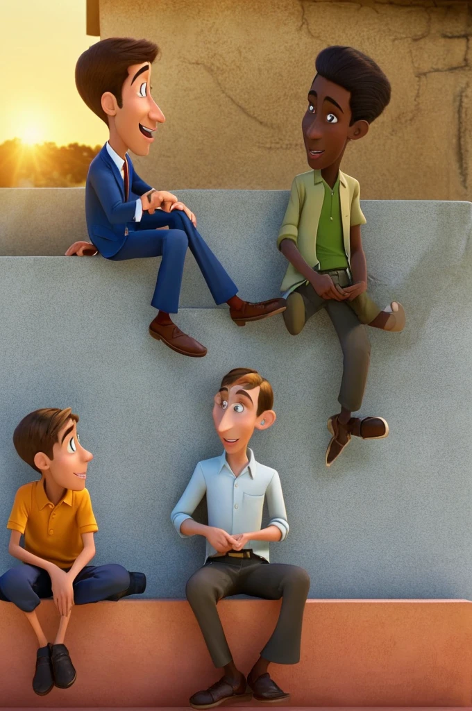 a ratatouille-style cartoon image of two well-dressed men, both are the same height one has darker skin and the other has lighter skin the two are talking and smoking and sitting on a wall, they are near a lawn and the sun is setting
