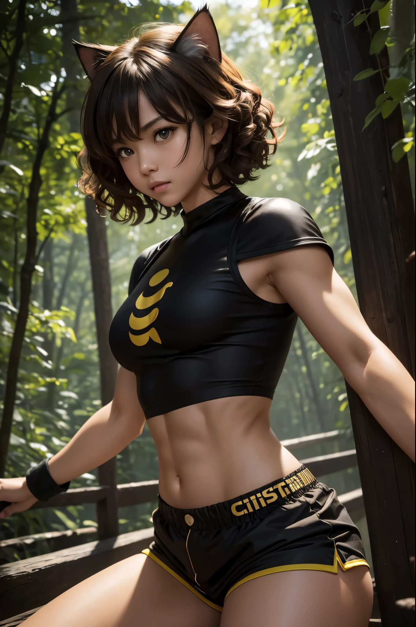 8K,黒と装を着て写真を撮るsmall breasts cat girl, small breasts cat girl, Her light brown hair and short curly hair are attractive., Fantasy art, little cat girl, Vojtek Fuss, Small black and yellow small chest armor, Chiquita, Trending on cgstation,In the woods,Laughter,Light brown permed short hair,Black and yellow shorts,attractive,Ultra-high resolution,Realistic Skin,has cat eyes,Rich colors, Backlight, Cinema Lighting, Film Grain, 50mm lens, Nikon D850,Ultra-high resolution,Ultra-realistic,Compensate,Super sexy,Very violently、Strong abdominal muscles,Big eyes,whole body muscular,concentrated,Strengthen all your muscles,Dynamic pose,and black exterior,and black combat shorts,Very small breasts,
