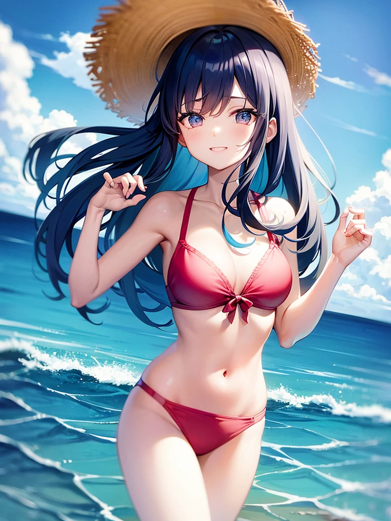 Ocean、blue sky、One girl、Light blue hair、bangs、Big Eyes、Pink Bikini、surfboard、Looking this way and smiling、Highest品質, High definition, Ultra-fine, Highest_detailed