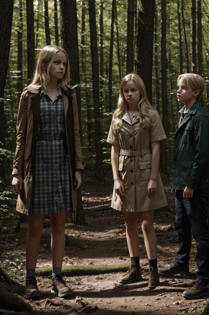 blonde teen girl detective with a magnifying glass detecting a dead body in the woods. And two blonde teen ager boys hiding at the back behind the trees like shadows in the forest