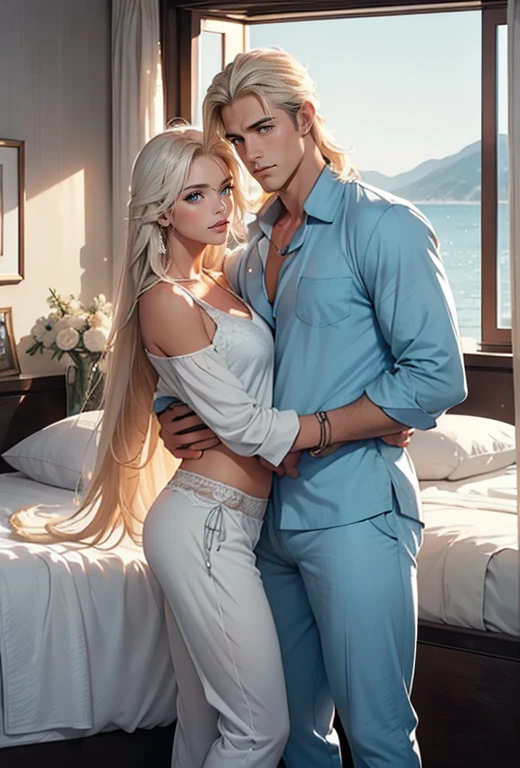 Summer morning, sunrise, light breeze, in a cozy cabin of a luxury yacht a couple sleeps on a large bed: 1 woman (an incredibly beautiful young femme fatale-blonde with blue eyes and long golden hair reaching to the waist, wearing short pajamas with thin lace, romantic appearance) and 1 man (tall, handsome, a manly, athletic young man - platinum blond, he has blue eyes, tanned skin, long straight platinum hair, he is dressed in simple cotton pants), he hugs her. The ocean breeze. Masterpiece, perfect image, realistic photos, full-length image, 8K, detailed image, extremely detailed illustration, a real masterpiece of the highest quality, with careful drawing. glow.