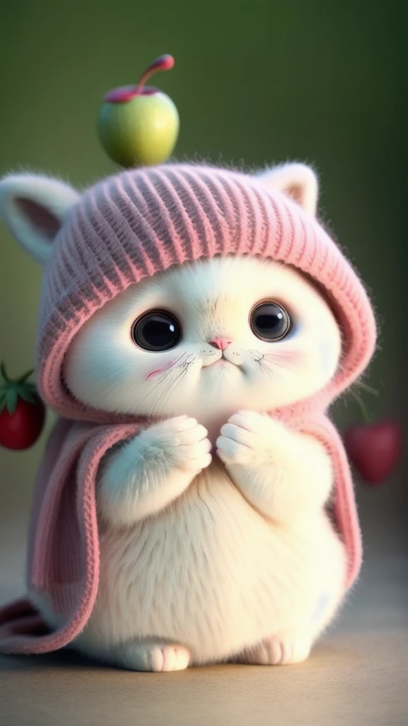 : 3. cat, realistic, hairy, clothed animal, apple, dark circles, blush, cherry, food, fruit, full body, hat, non-human, strawberry, tomato, watermelon