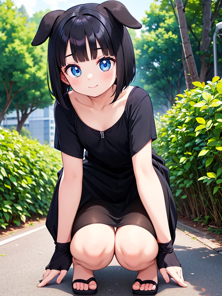 Short black hair Adult female　Dog Ears　Dark blue colored eyes　Flat chest　Full naked　She is squatting and spreading her legs wide open for us to see.　outdoor　smile　NSFW