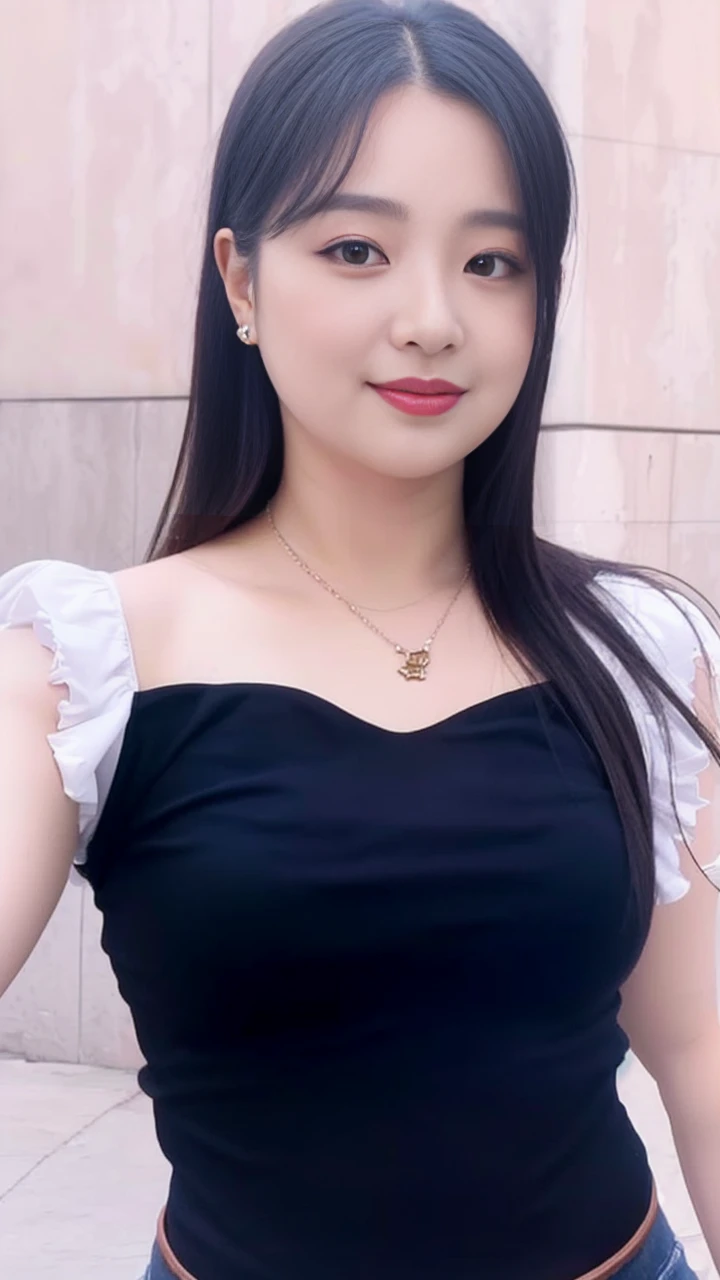 ((best quality)), ((masterpiece)), (detailed), perfect face, araffe woman in a long dark-blue shirt and blue denim skirt walking down a street, thicc, wavy short hair , she has a jiggly fat round belly, bbwchan, wearing tight simple clothes, skinny waist and thick hips, widest hips, her belly is fat and round, soft curvy shape, hyperrealistic full figure, wearing a cute top, wide hips, wearing 10 bracelet , wearing huge diamond necklace