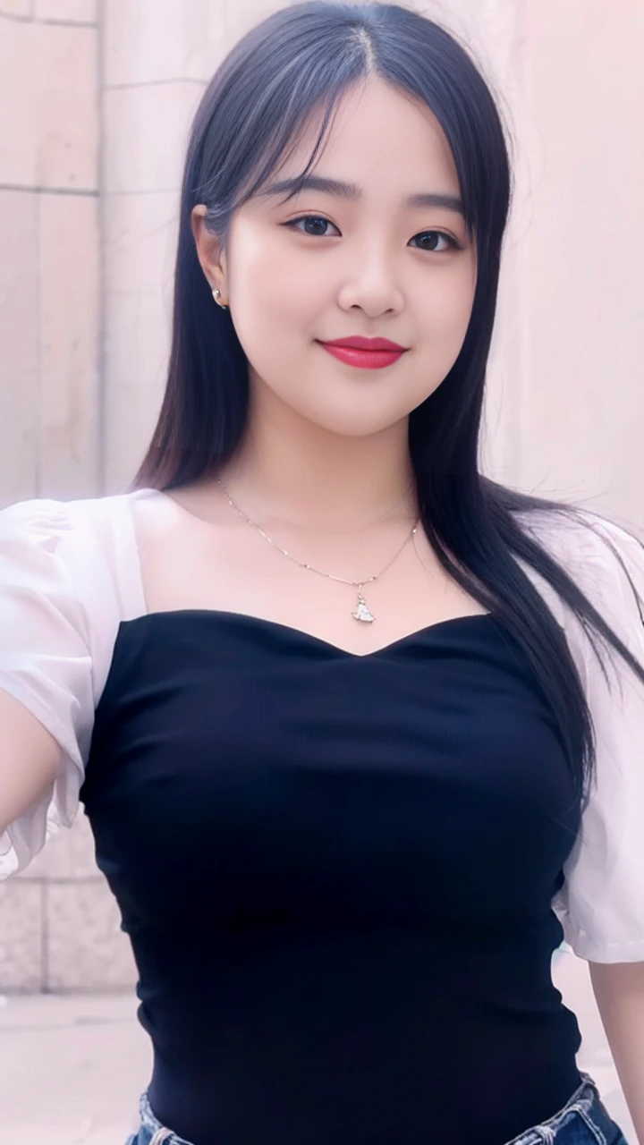 ((best quality)), ((masterpiece)), (detailed), perfect face, araffe woman in a long dark-blue shirt and blue denim skirt walking down a street, thicc,  wavy  short hair , she has a jiggly fat round belly, bbwchan, wearing tight simple clothes, skinny waist and thick , widest , her belly is fat and round, soft curvy shape, hyperrealistic full figure, wearing a cute top, wide , wearing 10 bracelet , wearing huge diamond necklace 