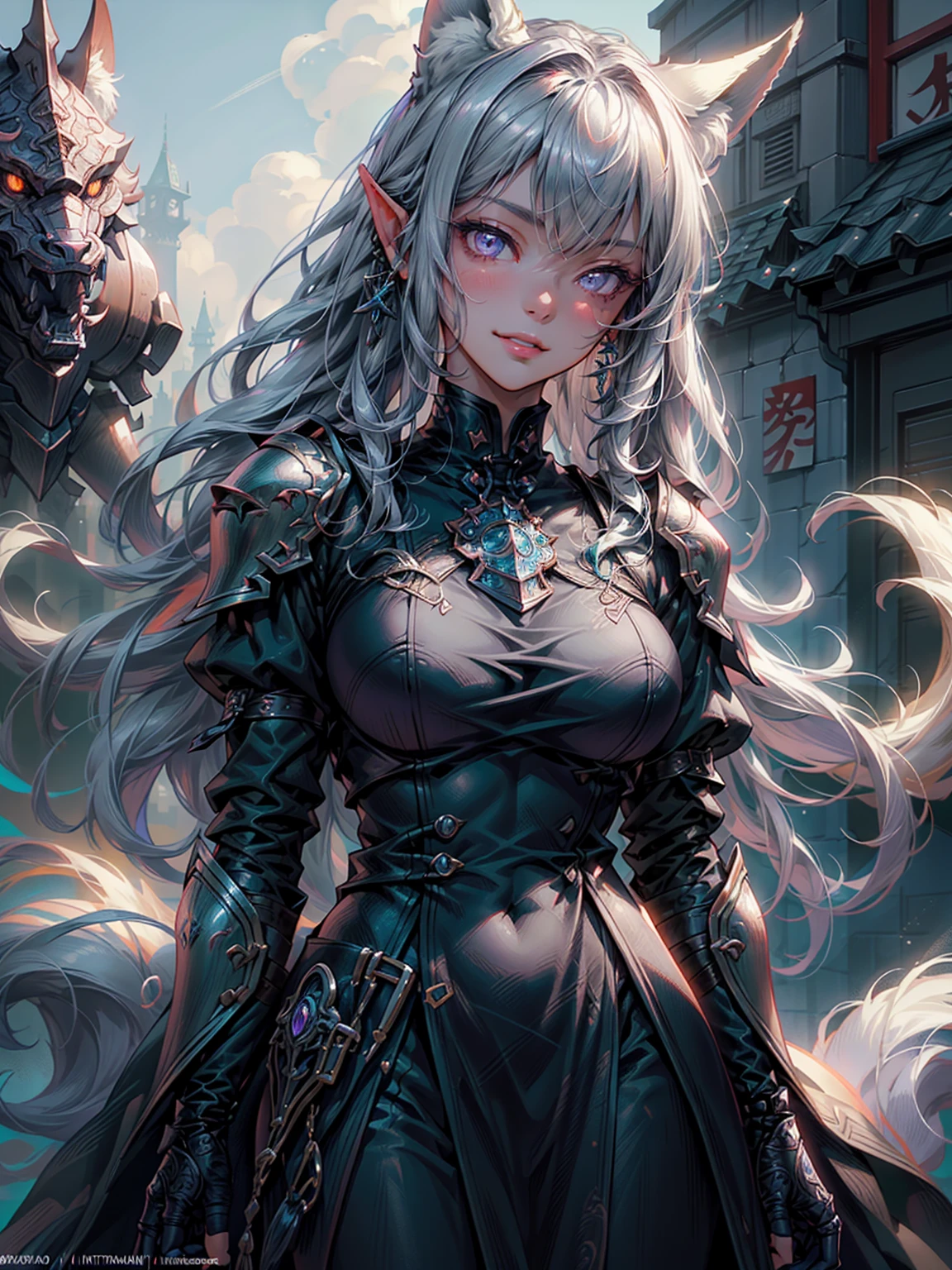 Dark Elf in Armor, Standing on a green hill, Against the backdrop of a clear sky, Very cute fox lace face, 1 Girl, A kind smile、Cowboy Shot、Insun Lee's detailed face and eyes, Perfect Lips, Very beautiful and feminine, Big Breasts, Gray Hair, Asymmetrical bangs, Long Hair, Purple eyes, Shining Eyes, Fluffy Nine Tails, Fluffy fox ears, Humans without ears, Medieval female knights, Wearing black and teal dress armor, full silver, Complex graphic gauntlets, Intricate details, ((Ultra-Realistic Details)), Global Illumination, Shadow, Character edge light, dramatic, Cinema Lighting, Detailed Expression, The finer details, masterpiece, Digital Art:Yusuke Murata.