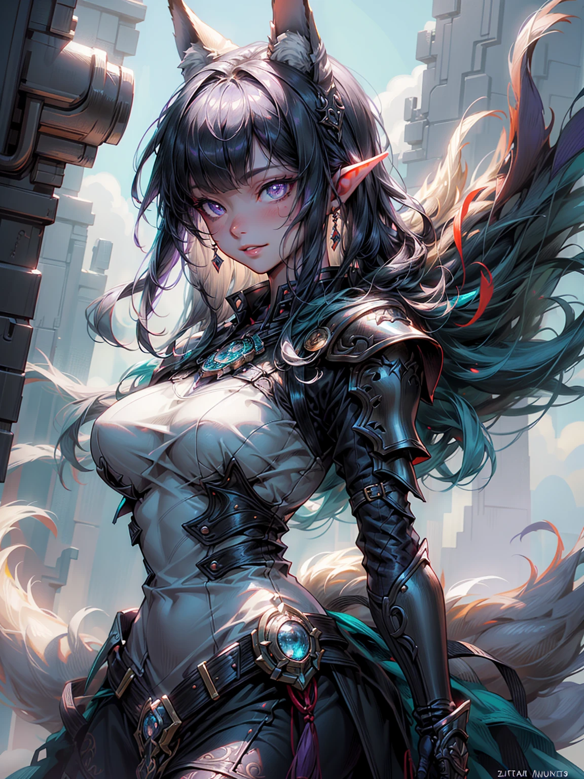 Dark Elf in Armor, Standing on a green hill, Against the backdrop of a clear sky, Very cute fox lace face, 1 Girl, A kind smile、Cowboy Shot、Insun Lee's detailed face and eyes, Perfect Lips, Very beautiful and feminine, Big Breasts, Gray Hair, Asymmetrical bangs, Long Hair, Purple eyes, Shining Eyes, Fluffy Nine Tails, Fluffy fox ears, Humans without ears, Medieval female knights, Wearing black and teal dress armor, full silver, Complex graphic gauntlets, Intricate details, ((Ultra-Realistic Details)), Global Illumination, Shadow, Character edge light, dramatic, Cinema Lighting, Detailed Expression, The finer details, masterpiece, Digital Art:Yusuke Murata.