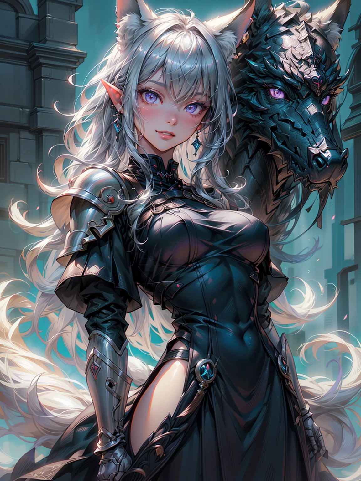Dark Elf in Armor, Standing on a green hill, Against the backdrop of a clear sky, Very cute fox lace face, 1 Girl, A kind smile、Cowboy Shot、Insun Lee's detailed face and eyes, Perfect Lips, Very beautiful and feminine, Big Breasts, Gray Hair, Asymmetrical bangs, Long Hair, Purple eyes, Shining Eyes, Fluffy Nine Tails, Fluffy fox ears, Humans without ears, Medieval female knights, Wearing black and teal dress armor, full silver, Complex graphic gauntlets, Intricate details, ((Ultra-Realistic Details)), Global Illumination, Shadow, Character edge light, dramatic, Cinema Lighting, Detailed Expression, The finer details, masterpiece, Digital Art:Yusuke Murata.