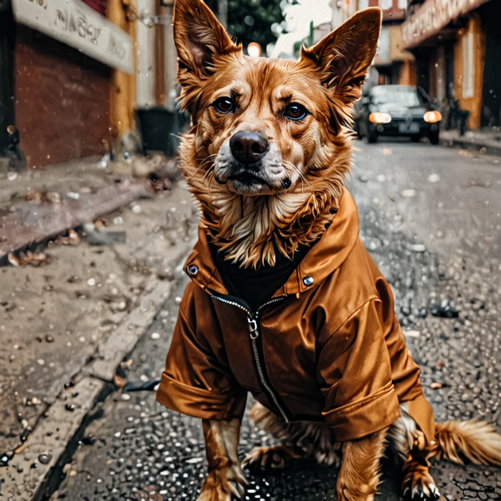 (cinematic, Aesthetics) caramel colored dog, wearing dangerous street clothes