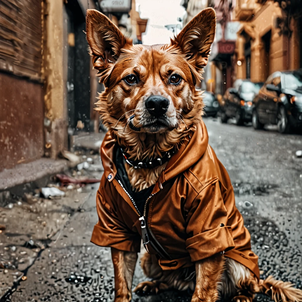 (cinematic, Aesthetics) caramel colored dog, wearing dangerous street clothes