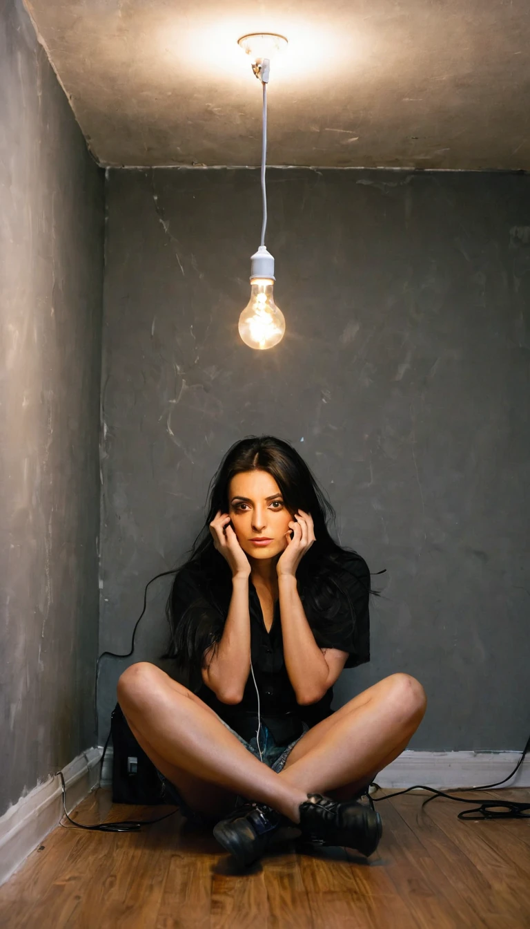  a woman wearing a black shirt and black denim shorts with long black hair she is in a small, empty room with gray walls she is sitting on the floor with her back  there is a light bulb that is coming from the ceiling with a very long wire to it woman is holding the lamp by the cord close to her face the lamp is on illuminating the room, the entire image has a slightly grayish tone the perspective of the image is frontal where we can see the woman and her dark brown eyes, she wears makeup around her eyes, behind the woman is the gray wall, the floor is woody.