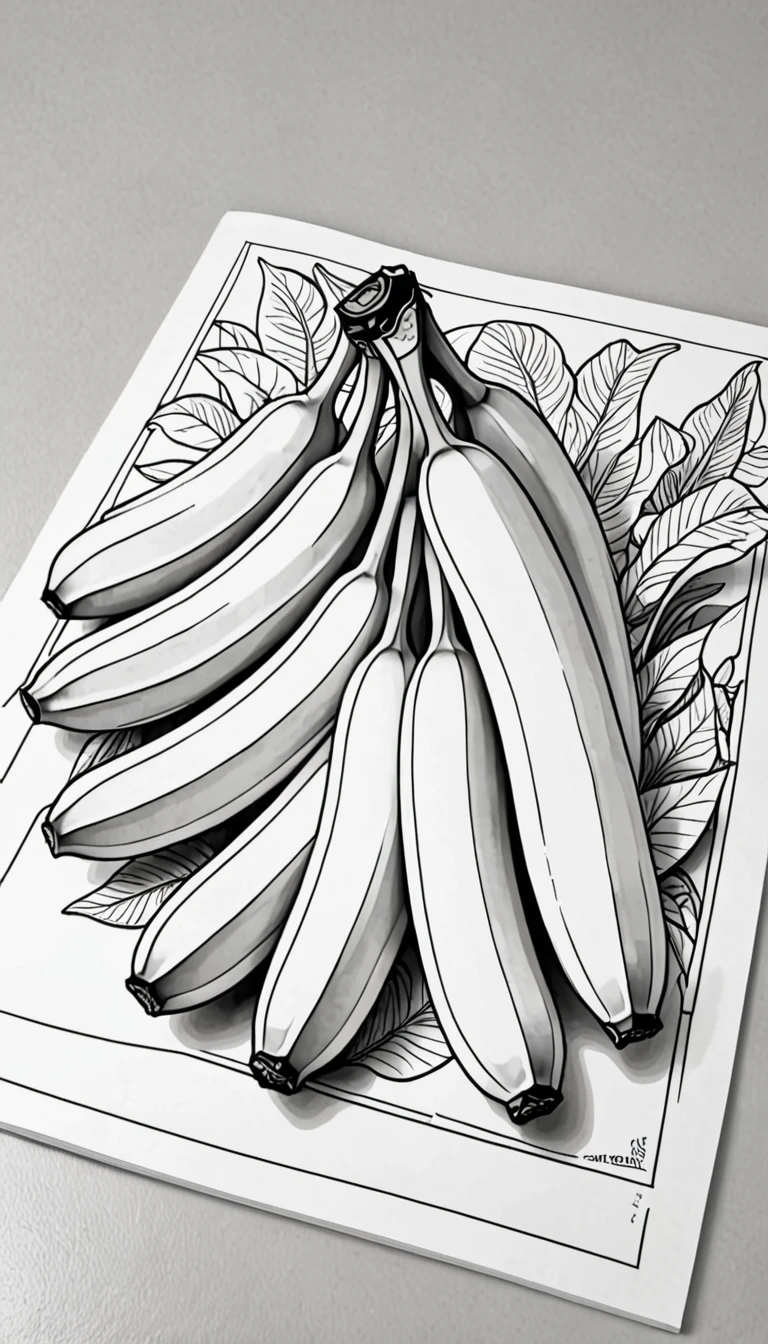 3 Bananas on the table. Children's coloring book. Black outline and white background. Picture size --ar 9:16--.