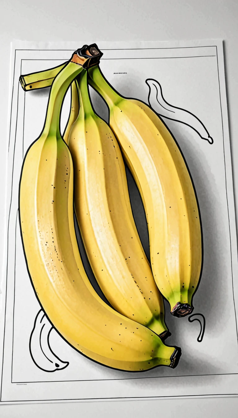 3 Bananas on the table. Children's coloring book. Black outline and white background. Picture size --ar 9:16--.