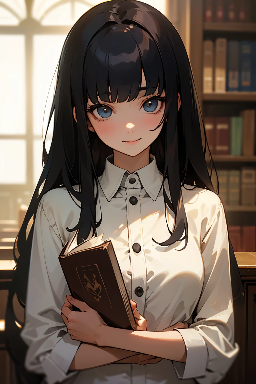 (masterpiece, best quality:1.5), brightering light, beautiful eyes, ultra detailed face, ((perfect anatomy)), ((detailed hair)), (professional look),
BREAK 1girl, long hair, black hair, straight hair, blunt bangs, happy, holding book,
BREAK botton-down shirt with polka dot,
BREAK indoors library,