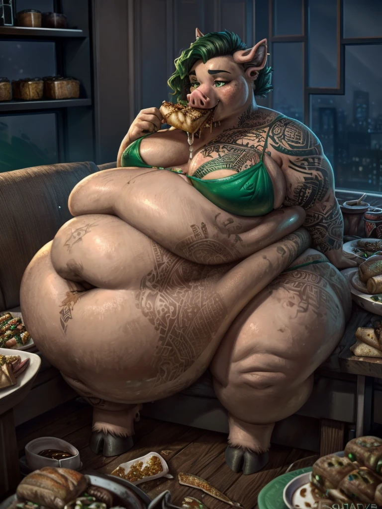 breathtaking oil painting, masterpiece, best quality, an incredibly obese anthro pig sitting on a couch behind a table filled with food, obese, incredibly obese, pig, female, bottom heavy,, wide hips, food, pile of food, food everywhere, slob, messy, food stains, (mukbang), emerald bikini, skimpy outfit, night, emerald hair, undercut hairstyle, undercut, curly hair, green eyes, hooves, eating, eating food, glutton, camera, streaming, (tattoos, tattooed,), emerald details, emerald tattoos, ahegao, pizza, burger, soda, fast food, takeout, chinese, fast food, , photorealistic oil painting, by charlie bowater, fine details, by wlop, trending on artstation, very detailed