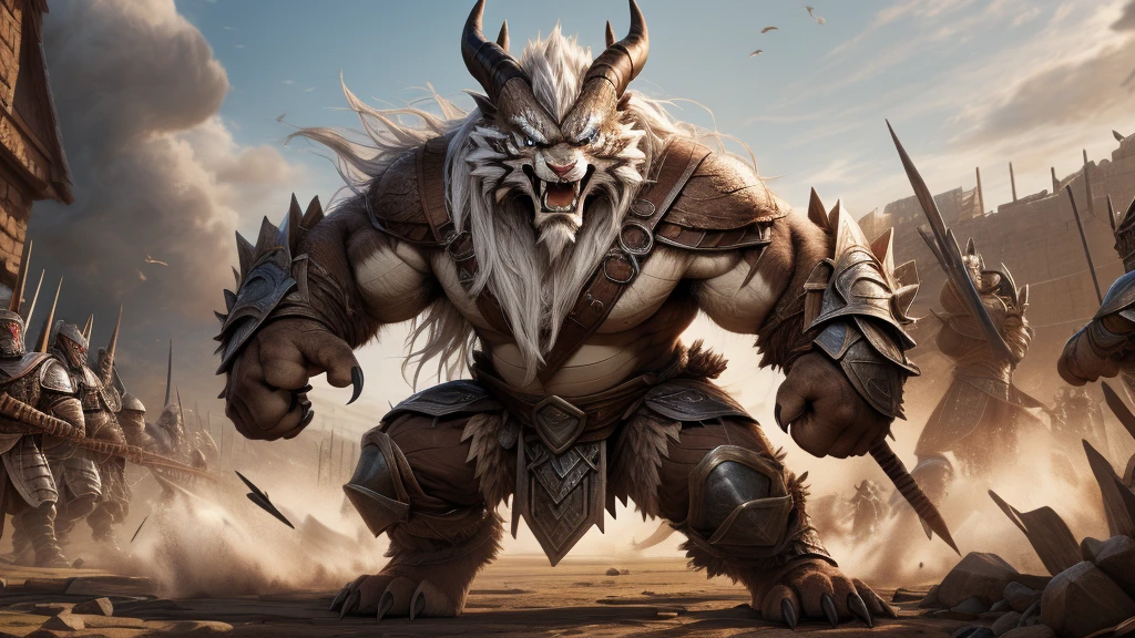 head、Animal cat face、A pair of dragon horns，Full body of fluffy white hair、Heavy breathing、Gnashing of teeth,Serious expression,Fluffy belly、Leather Armor，Viking style，wildcat、blue eyes，(contour）Full body covered with long white hair、Hairy body、Long and thick armpit hair、Fangs、4K，War Background，Sharp claws、Capture the composition of the whole body、 Holding a rune-carved bow,Fighting Stance，HD