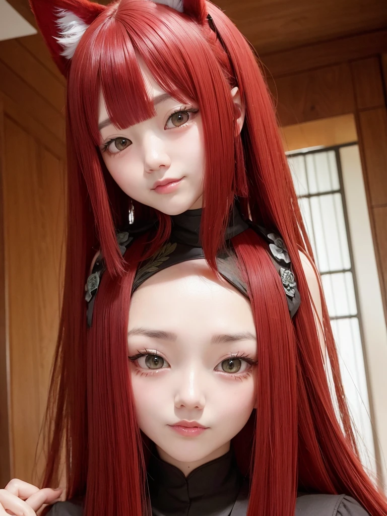  Korean woman with long red hair smiling, Cat's ears, face photo, Inside the house