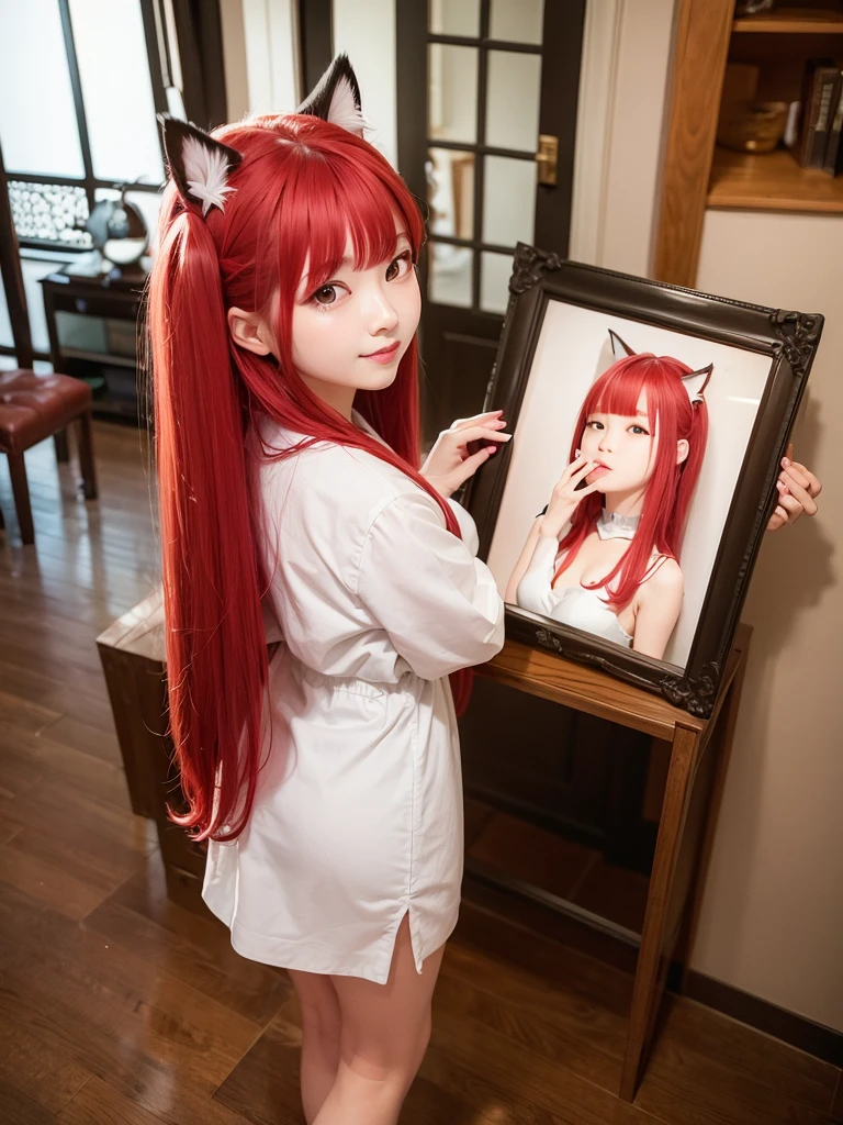 Korean woman with long red hair smiling, Cat's ears, face photo, Inside the house