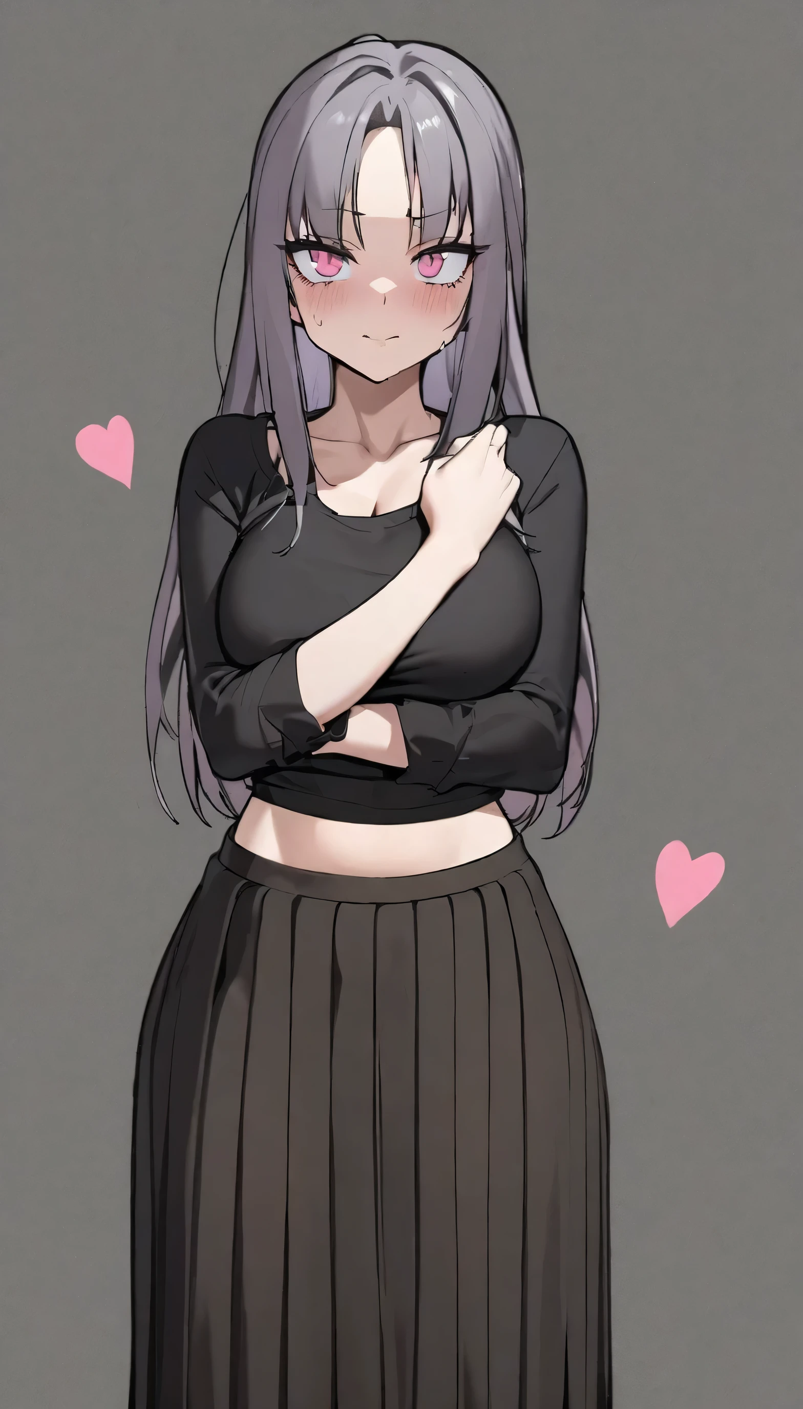 employment,D cup,fit,Black long skirt,Tights,Pants,shirt,Western Metal,Hell Whisperer Style,Lots of pink hearts,background,Height Rendering,Delicate face