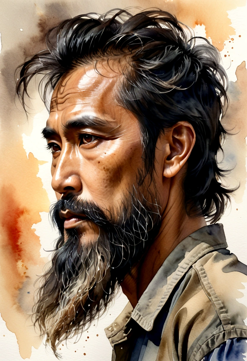 Side view of a Thai man with a long, messy beard, narrow eyes, watercolor