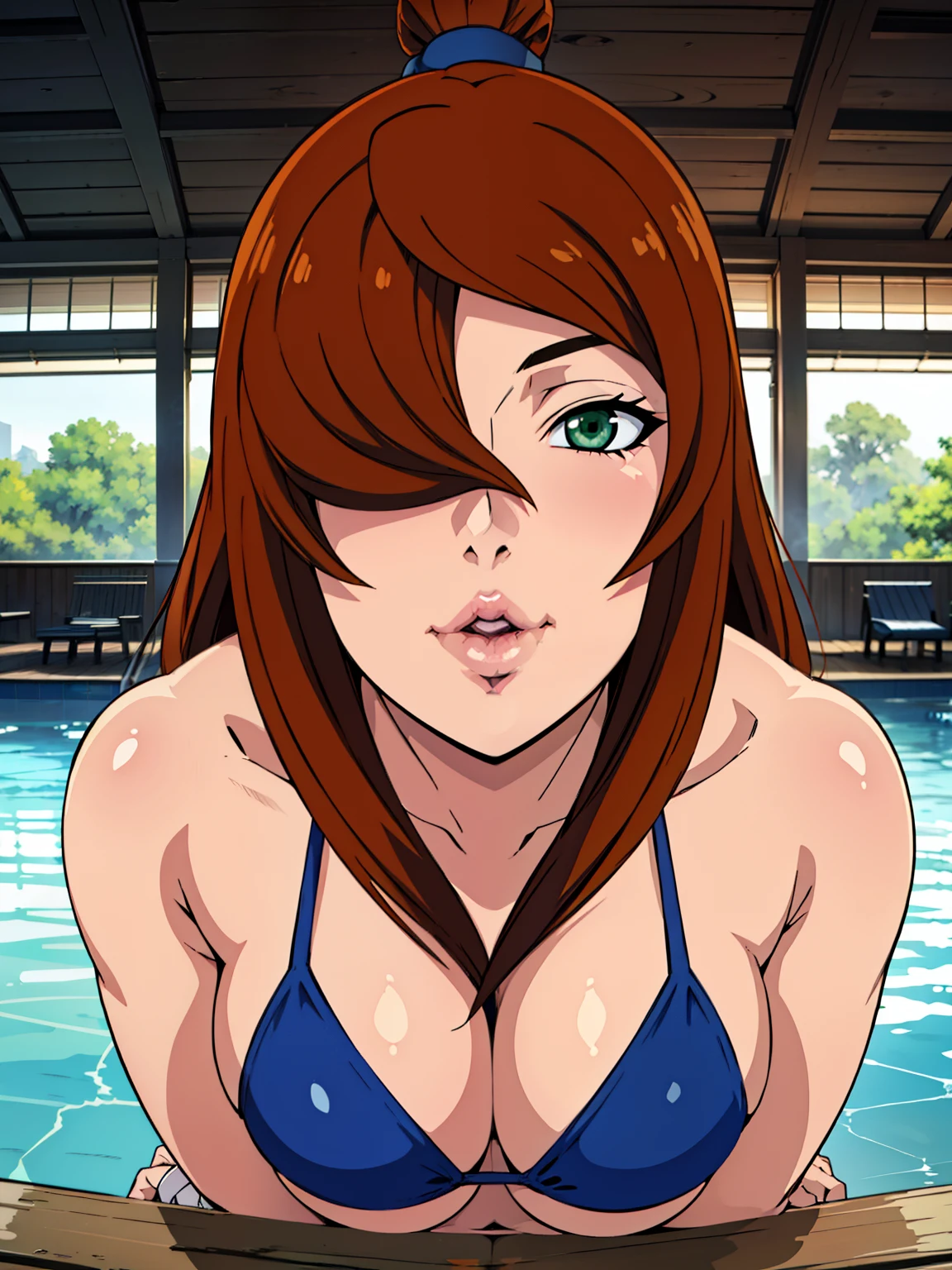 (POV Kiss | Peck | Thick Lips : 1.3), blue bikini, swimming pool back home background, Mei Terumi, anime cels style, best quality, high resolution, 1girl, (large breasts:1.2), beautiful face, long hair, brown hair, green eyes, ((hair over one eye)), lipstick, cowboy shot, light smile