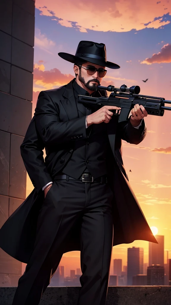 A city with a beautiful sunset with a man with a goatee and dark glasses and a black coat and black hat with an improved sniper rifle and aiming