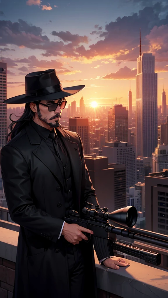 A city with a beautiful sunset with a man with a goatee and dark glasses and a black coat and black hat with an improved sniper rifle and aiming 