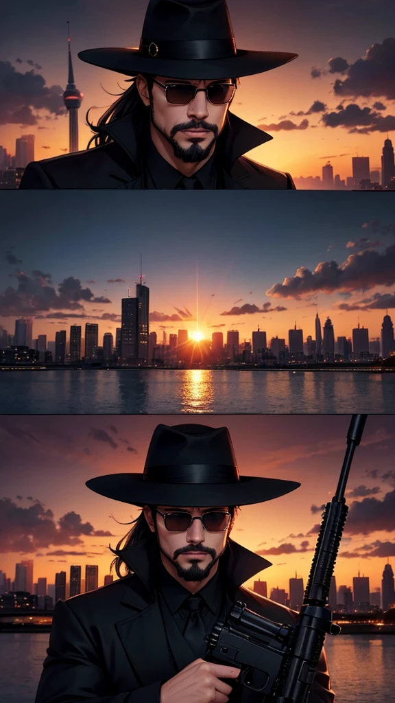 A city with a beautiful sunset with a man with a goatee and dark glasses and a black coat and black hat with an improved sniper rifle and aiming