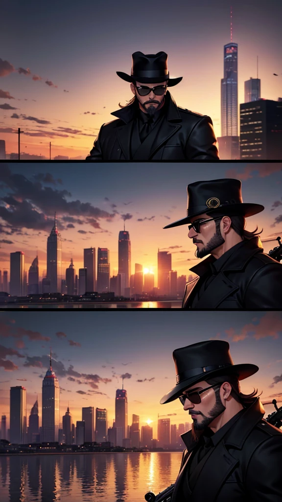 A city with a beautiful sunset with a man with a goatee and dark glasses and a black coat and black hat with an improved sniper rifle and aiming
