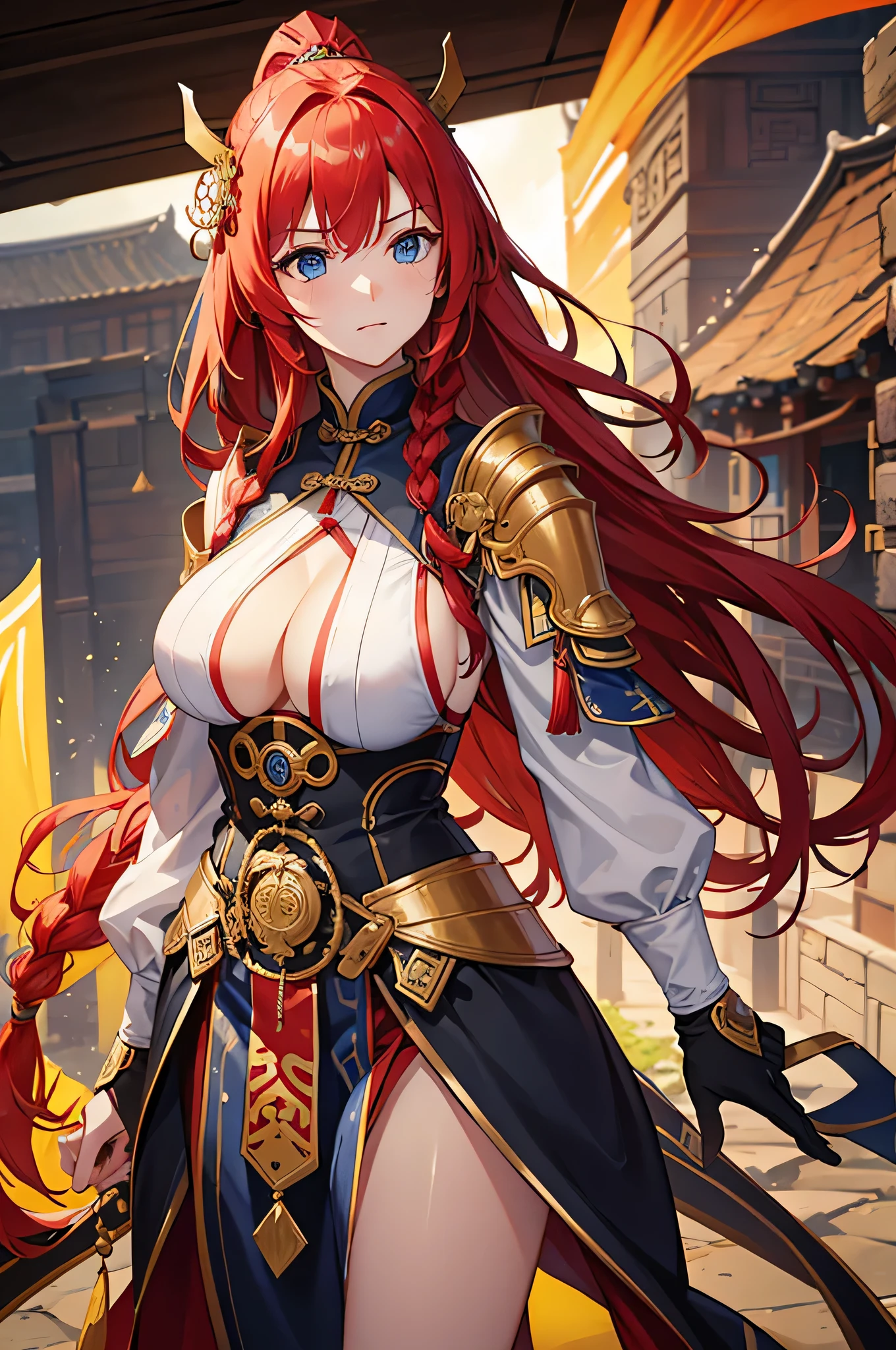 4K,High resolution,One Woman,Red Hair,long hair,Braid,Blue Eyes,Big Breasts,Ancient Chinese Generals,Ancient Chinese White Armor,Heavy Armor,Full Armor,Sideboob,ancient chinese crown,Long sword,Ancient Chinese Villages