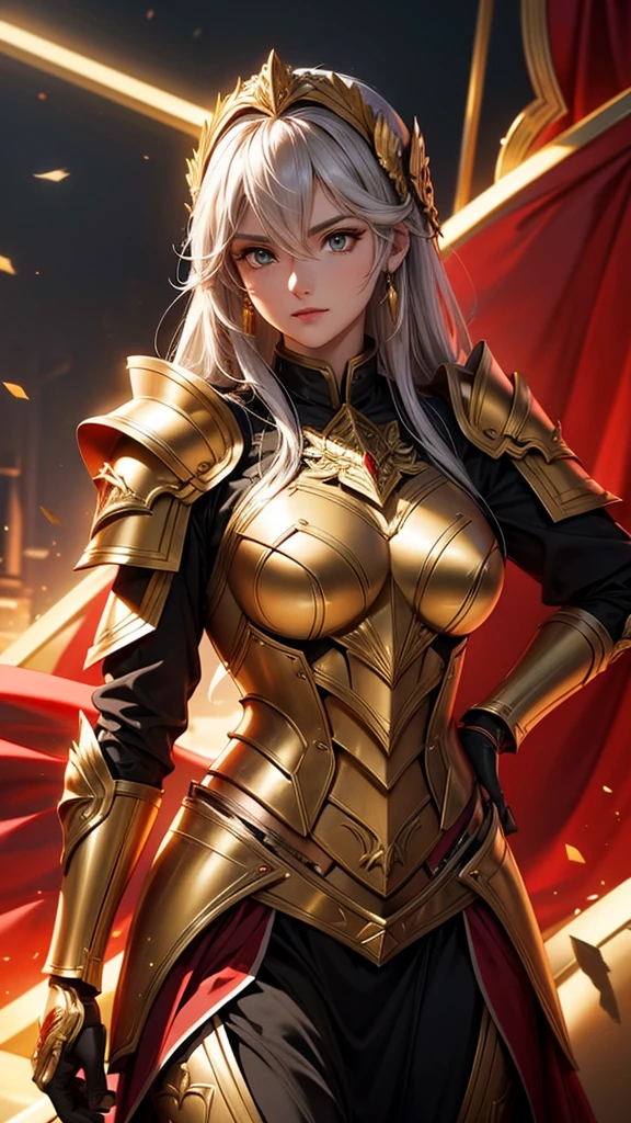 Lady Athena in her war armor, detailed armor of golden and red, her mature look is so elegant, HD, 4K