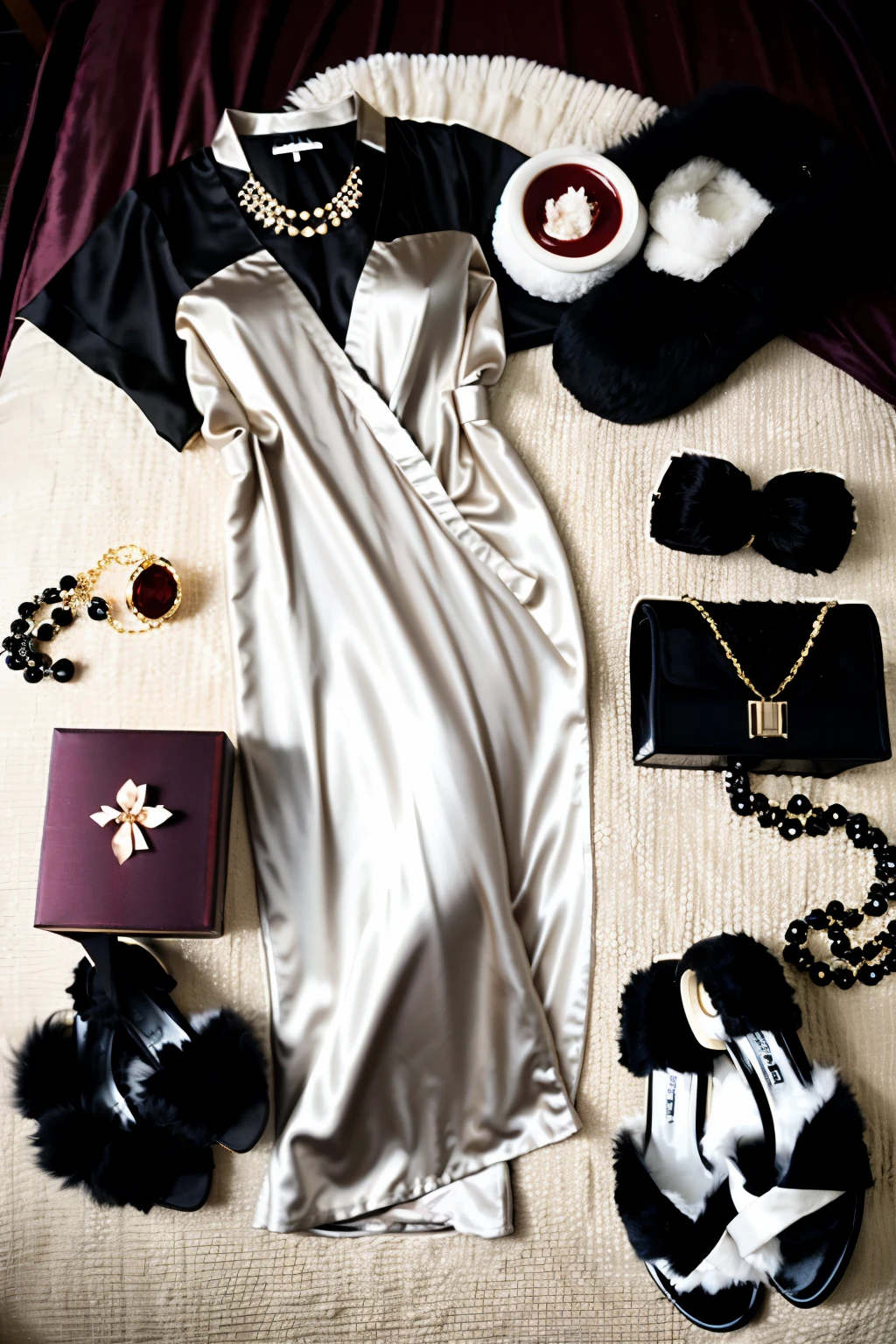 Flatlay picture of, a satin short robe color black
**Background:** white fluffy, and cozy fabric.   
**Props:**
  -  elegant black slippers.
  - A set of luxurious skincare products.
  - A glass of red wine.
  - A piece of jewelry, necklace, or bracelet.
 **Lighting:** Soft, warm lighting to enhance the luxurious feel.