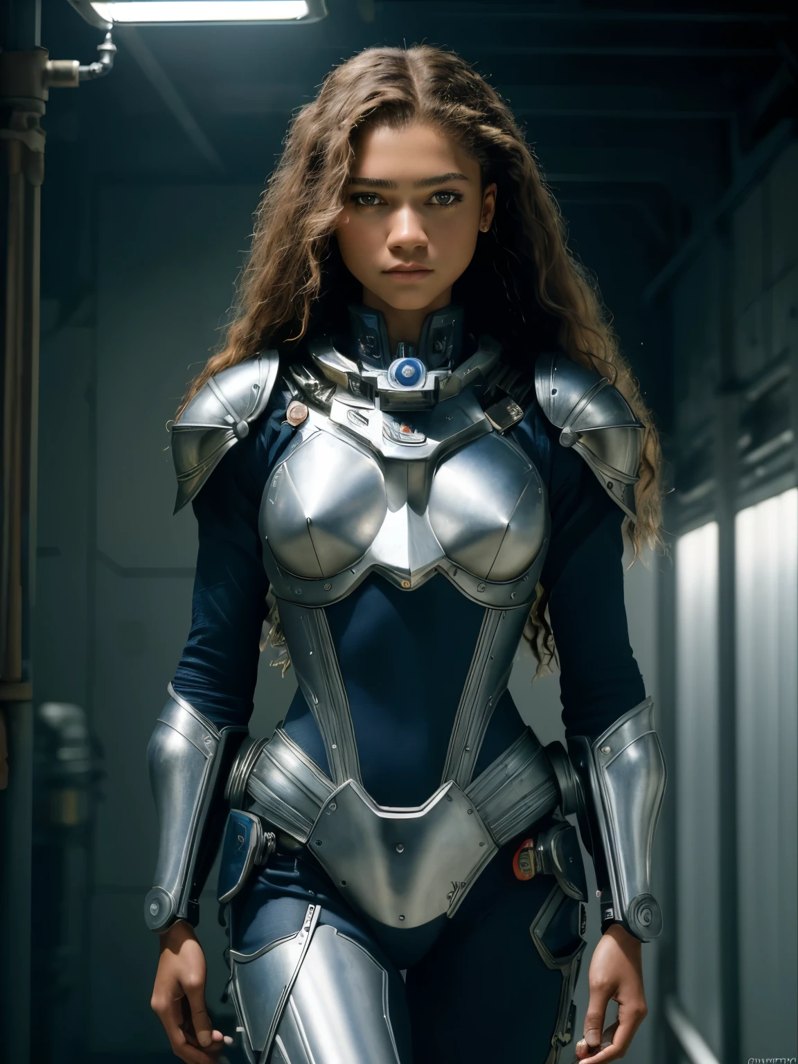 (RAW Photo, 4k, Masterpiece, High Res, Extremely Intricate) (Photorealistic: 1.4), Cinematic Lighting Zendaya Maree Stoermer Coleman, Solo Focus, Midsummer Day, Hot, 1990s\(style\), Cowboy Shot , indoors, upper body, masterpiece, best quality, masterpiece, best quality, official art, extremely detailed CG unit wallpaper 8k, beautiful detailed eyes, artbook, photo, real, realistic, futuristic knight, mechanical parts, space station, Expressive Mates, Vibrant palette, missing B and white clothes,