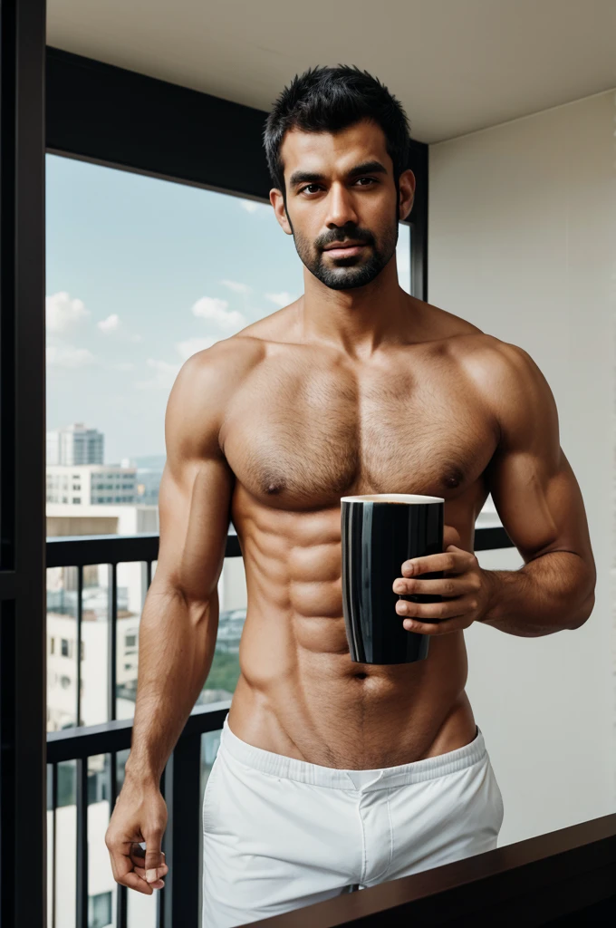 Shirtless man holding black coffee mug in balcony 