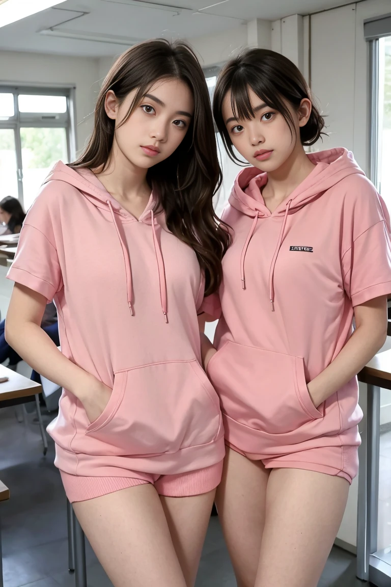 deux femmes ensemble de 18 ans sexy et mince , pink short sleeve hoodie , salle de classe, se touche,position sey,sensuel