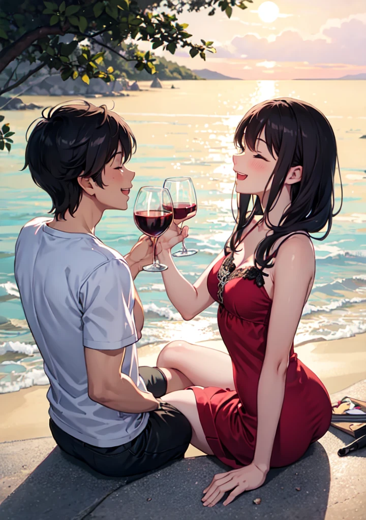 A tranquil beach scene during sunset, the animation showcases the couple sitting on a blanket, sharing a bottle of wine and laughing together.