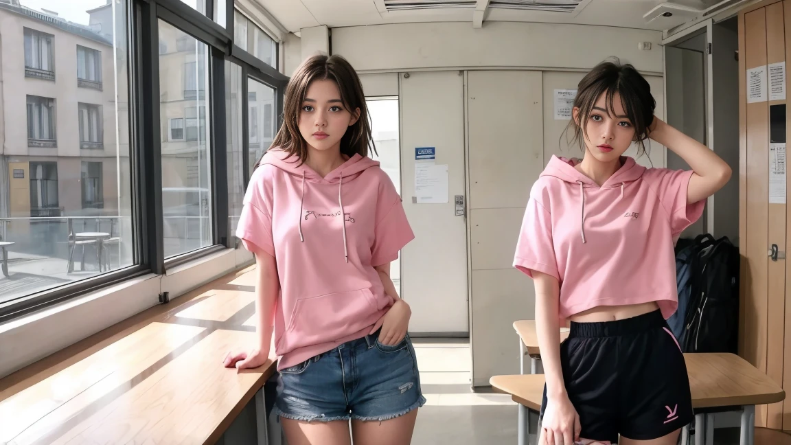 deux femmes ensemble de 18 ans sexy et mince , pink short sleeve hoodie , salle de classe, se touche,position sey,sensuel
