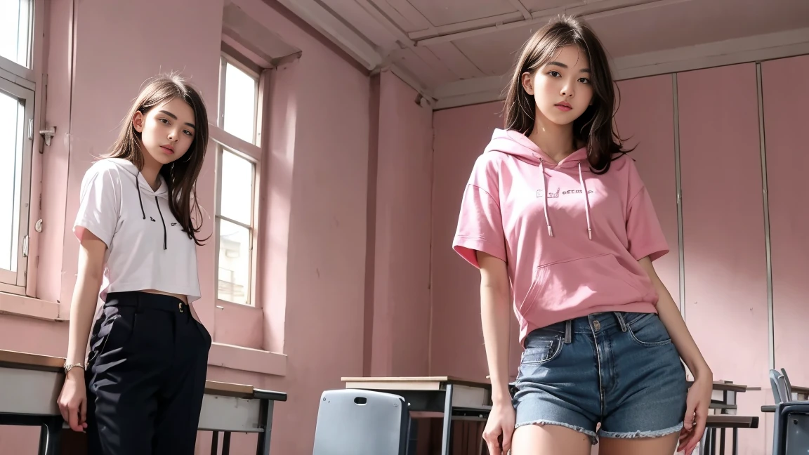 deux femmes ensemble de 18 ans sexy et mince , pink short sleeve hoodie , salle de classe, se touche,position sey,sensuel