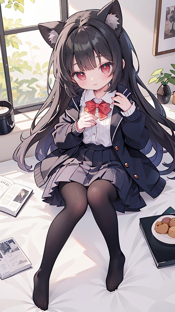 1 Girl，独奏，Red eyes，black hair，long hair，pantyhose，skirt，，lying down，，back，Jacket，Uniforms，shirt，looking at the audience，Chest，White shirt，Pleated Skirt，Bow，Thigh pantyhose，Under the pantyhose，Thigh high，Suit，Long sleeve，blush，collared shirt，No shoes，bangs，Red Bow,，wearing sneakers