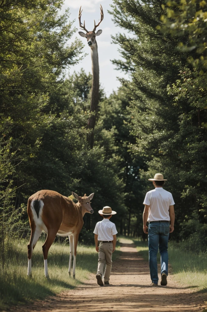 A father and his super tall, skinny son in a straw hat try to hunt a deer 