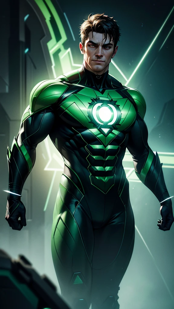 Green Lantern. with green glowing eyes. intricate, hypermaximalist, elegant, hyper realistic, epic high details,full details,high resolution,dynamic slightblue lighting,rendering,realism,Photo-realistic, ultra realistic, octane render, unreal engine, hyper detailed, volumetric lighting, 8k reality, cinematic