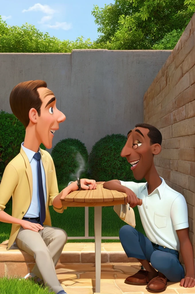 a ratatouille-style cartoon image of two well-dressed men, both are the same height one has darker skin and the other has lighter skin the two are talking and smoking and sitting on a wall, they are near a lawn and the sun is setting