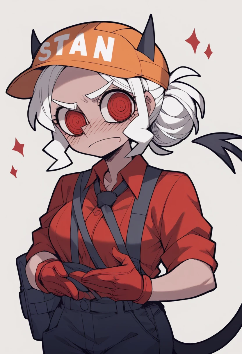 A female construction worker wearing an Adrian helmet, as a Helltaker demon with neck-length white hair thats spiky  and choppy with her bangs swept to the side