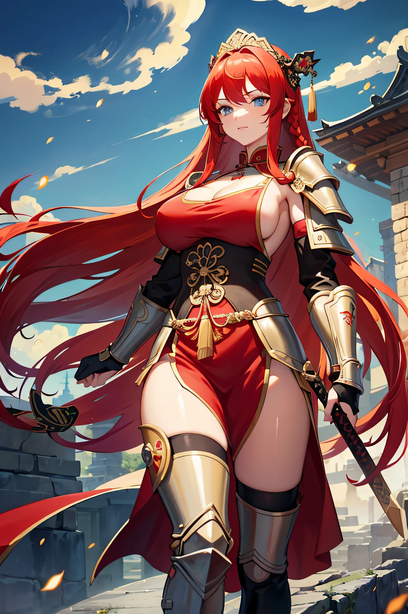4K,High resolution,One Woman,Red Hair,long hair,Braid,Blue Eyes,,Ancient Chinese Generals,Ancient Chinese White Armor,Heavy Armor,Full Armor,,ancient chinese crown,Long sword,Ancient Chinese Villages