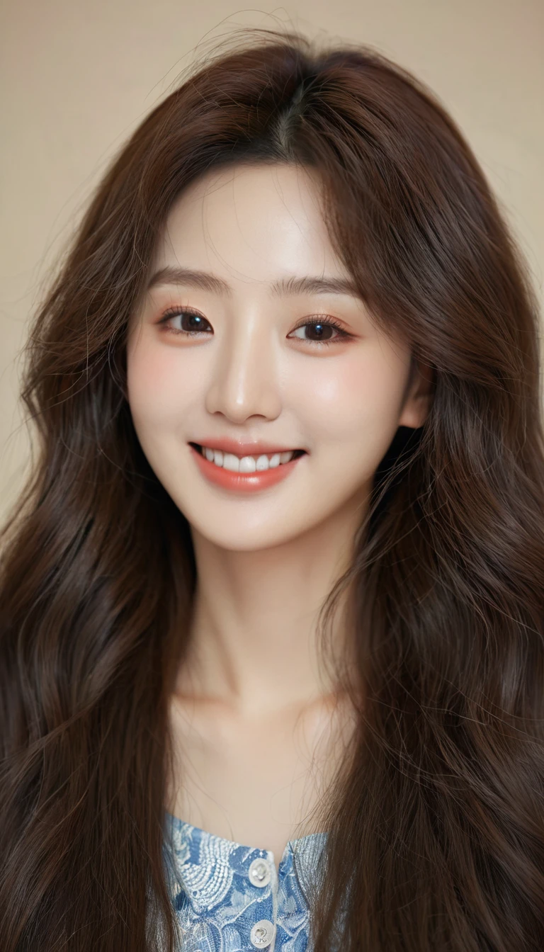 (Surreal), (illustration), (high resolution), (8K), (Very detailed), (Best illustration), (Beautiful and detailed Eyes), (best quality), (Ultra detailed), (masterpiece), (wallpaper), (detailed Face), Facial pores,Solitary,A girl,, Fine detail, detailed Face, (detail),(Realistic lighting: 1.1),Photo of a long-haired woman smiling at the photo, A cute Korean face, , Korean actress, , 可爱的Korean actress, Beautiful young Korean woman,