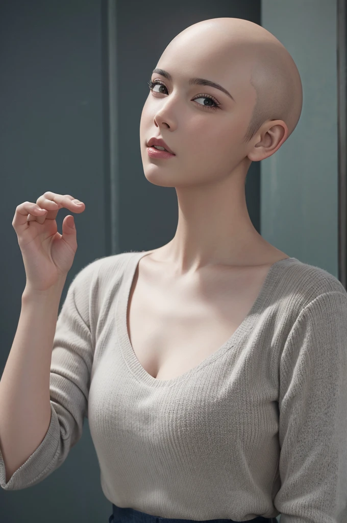 (masterpiece:1.3), (8k, photorealistic, RAW photo, best quality: 1.4), (1girl), beautiful face, (realistic face), (no hair, bald haircut, shaved head, no head hair, bald:1.3), realistic eyes, beautiful detailed eyes, (realistic skin), beautiful skin, (sweater), absurdres, attractive, ultra high res, ultra realistic, highly detailed, golden ratio, neckline 