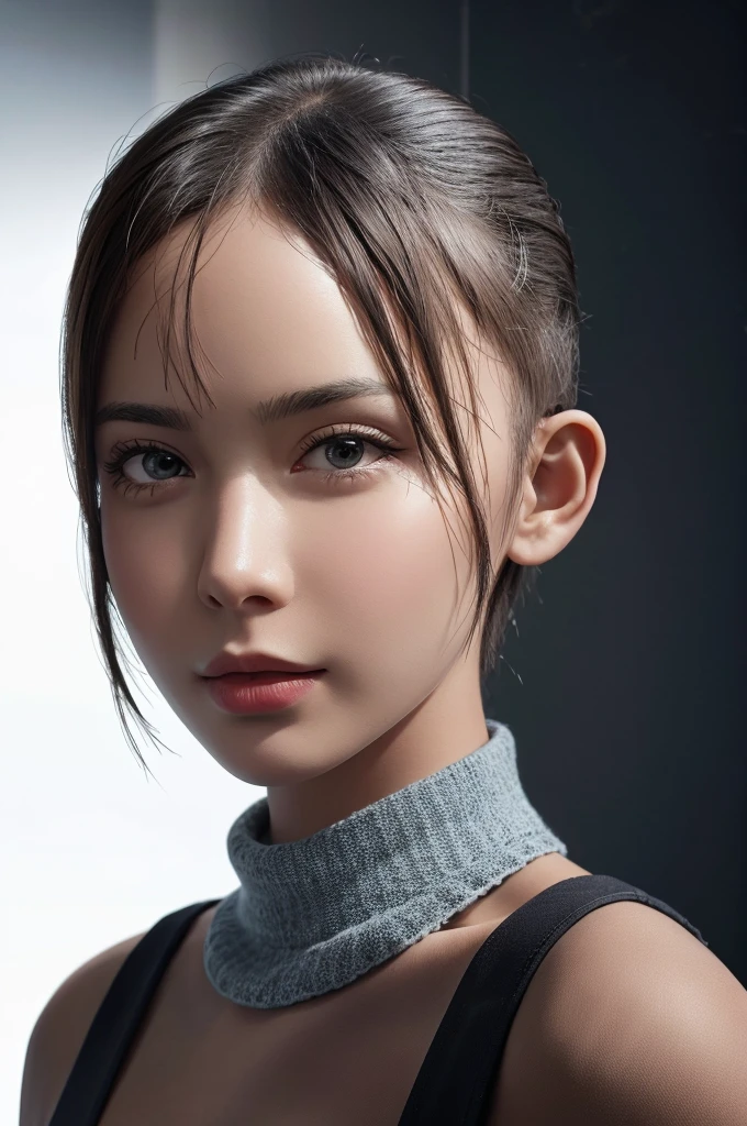 (masterpiece:1.3), (8k, photorealistic, RAW photo, best quality: 1.4), (1girl), beautiful face, (realistic face), (no hair, bald haircut, shaved head, no head hair, bald:1.3), realistic eyes, beautiful detailed eyes, (realistic skin), beautiful skin, (sweater), absurdres, attractive, ultra high res, ultra realistic, highly detailed, golden ratio, neckline