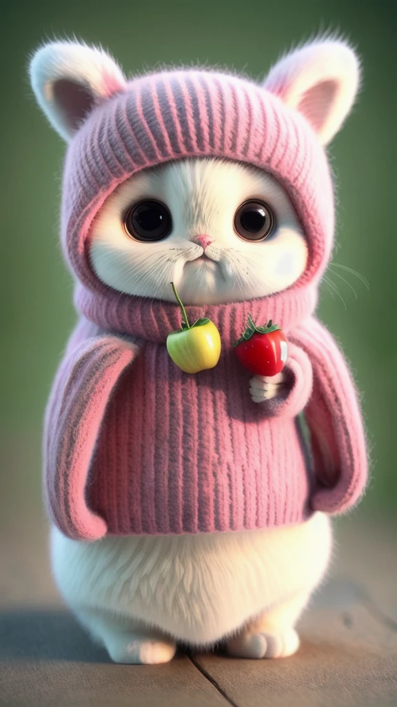 : 3. cat, realistic, hairy, clothed animal, apple, dark circles, blush, cherry, food, fruit, full body, hat, non-human, strawberry, tomato, watermelon