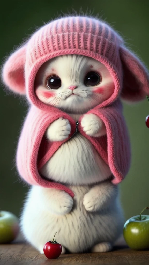 : 3. cat, realistic, hairy, clothed animal, apple, dark circles, blush, cherry, food, fruit, full body, hat, non-human, strawberry, tomato, watermelon