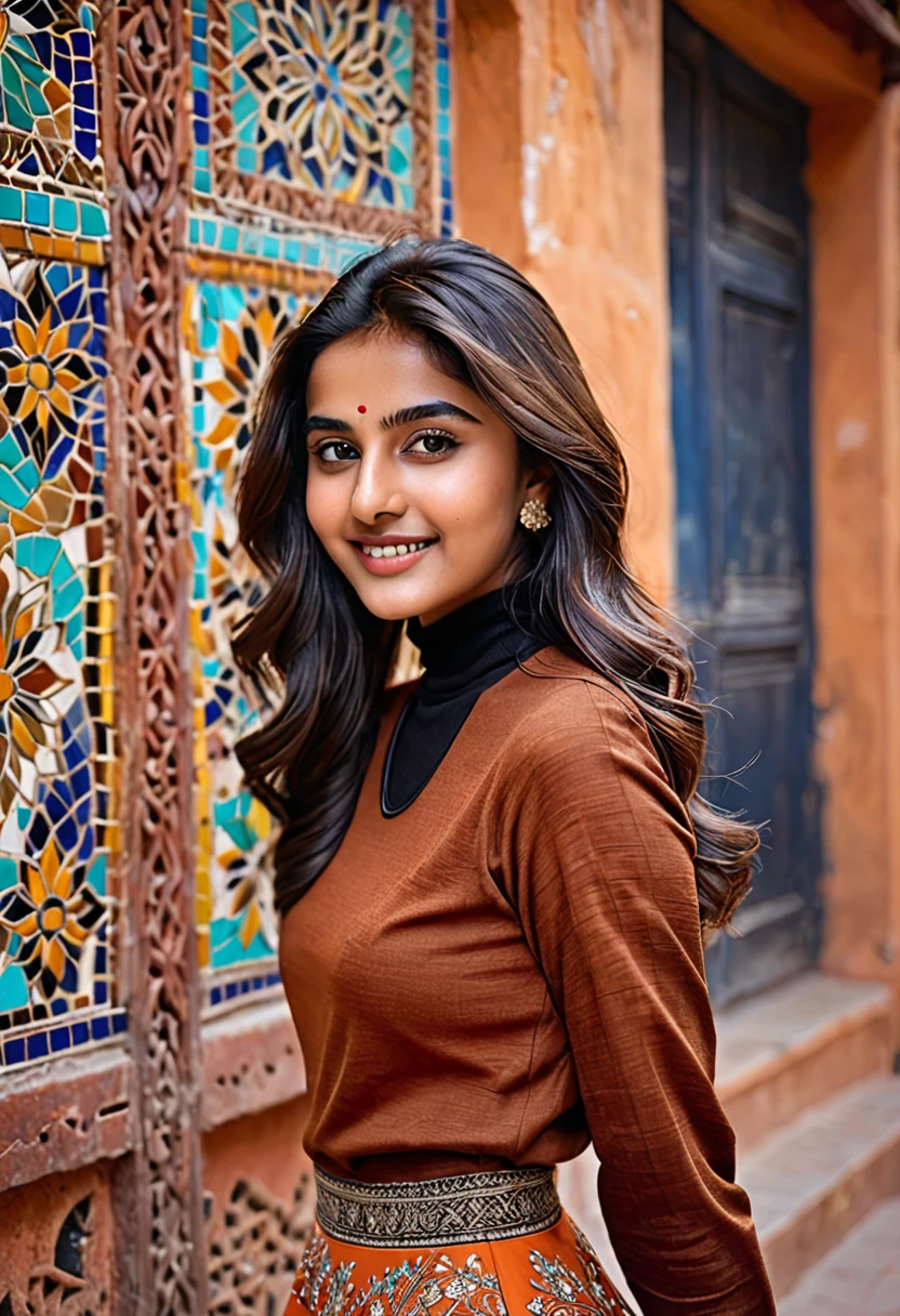 Beautiful ,23 years young Indian girl healthy, confidential looking,8k,realistic, raw photo,dark brown hair,fair skin, indian,long hair,clear facial features,, very detailed, 23years old, innocent face, natural wavy hair, high resolution, masterpiece, best quality, intricate details, highly detailed, sharp focus, detailed skin, realistic skin texture, texture, detailed eyes, professional, 4k, charming smile, shot on Canon, 85mm, shallow depth of field, kodak vision color, perfect fit body, extremely detailed, foto_\(ultra\), photorealistic, realistic, post-processing, maximum detail, roughness, real life, ultra realistic, photorealism, photography, 8k uhd, photography wearing Rust orange midi skirt, black turtleneck, mosaic wall|Wonderstruck look| Moroccan street